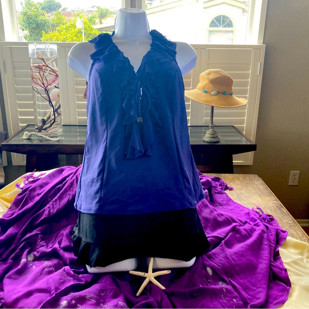 Two piece swim suit, purple top (14D)with black ruffled skirt (Lg)